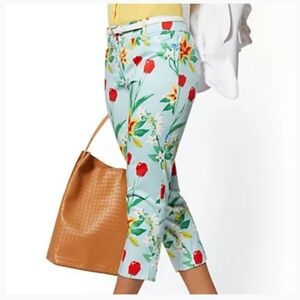 New York & Company Floral Print Capris - Red and Green on Light Blue Size 6